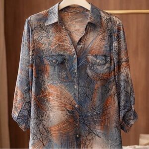 Elegant Abstract Women's Blouse in Blue and Orange